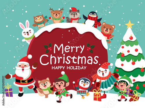 Vintage Christmas poster design with vector snowman, reindeer, penguin, Santa Claus, elf, bear, raccoon, fox, rabbit, owl, squirrel characters.