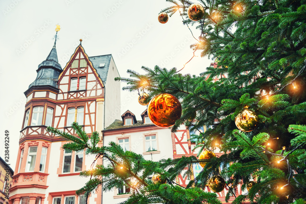 Christmas tree with golden balls on the Market square in Bernkastel-Kues, Germany