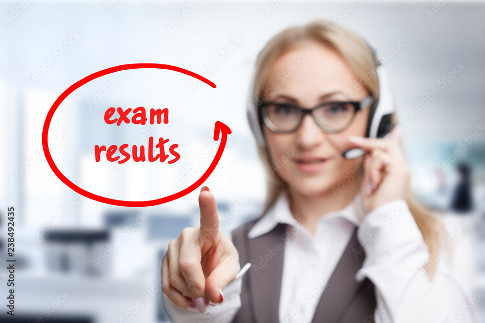 Technology, internet, business and marketing. Young business woman writing word: Exam results
