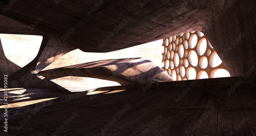 Empty dark abstract brown concrete room smooth interior. Architectural background. Night view of the illuminated. 3D illustration and rendering Empty dark abstract brown concrete room smooth interior. Architectural background. Night view of the illuminated. 3D illustration and rendering