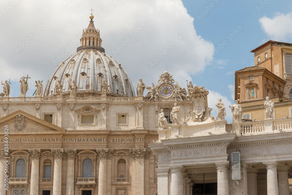 Closeup view of the St. Peter's Basilica on a St. Peter's Square in Vatican