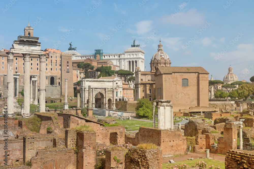 Overall view of empty Forum Romanum in Rome on a sunny summer day. All potential trademarks are removed. 