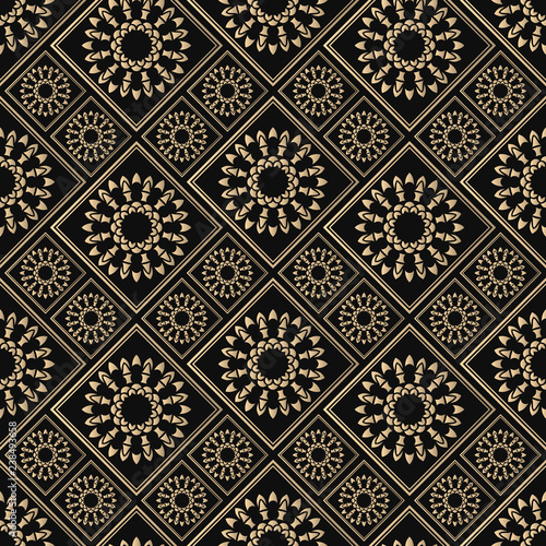 Islamic vector design. Seamless pattern oriental ornament. Black and golden textile print. Floral tiles.