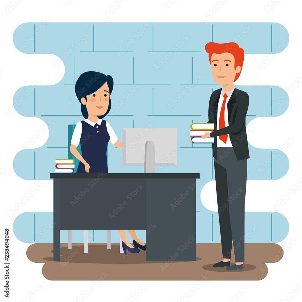 businesswoman and businessman in the office with books plan businesswoman and businessman in the office with books plan
