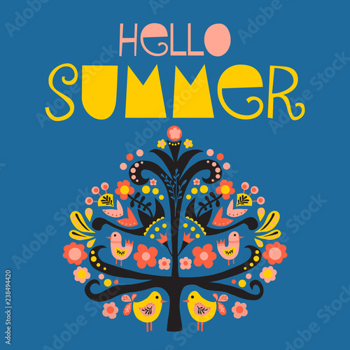 Hello Summer Scandinavian folk art vector illustration. Flat style isolated lettering. Papercut collage tree with flowers and birds black red pink yellow blue. Card, web banner, instagram post, kids.