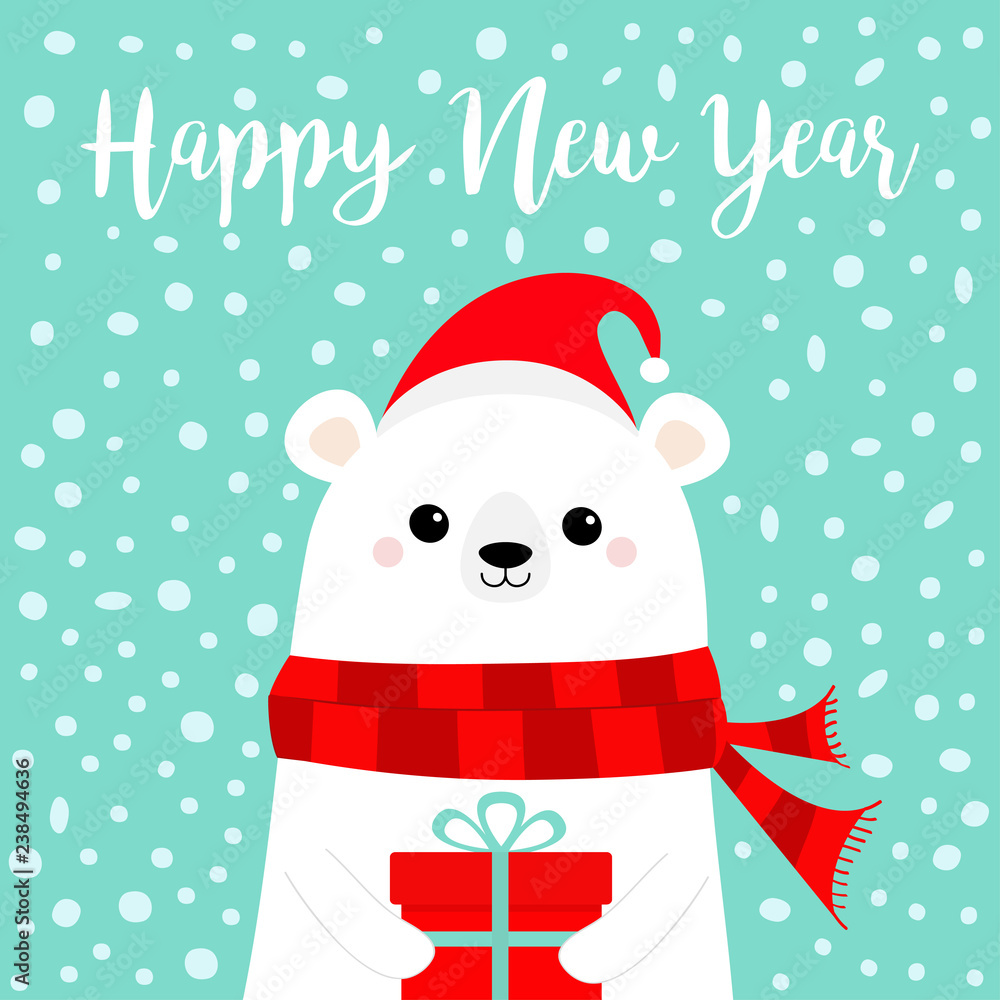Happy New Year. White polar bear cub face holding gift box. Red Santa hat, scarf. Cute cartoon baby character. Merry Christmas. Arctic animal. Flat design Hello winter. Blue snow background.
