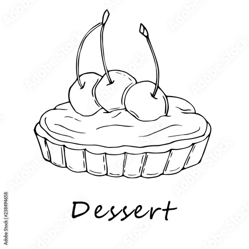 Hand drawn outline illustration of cherry tartlet. Perfect for menu, card, textile of food package design