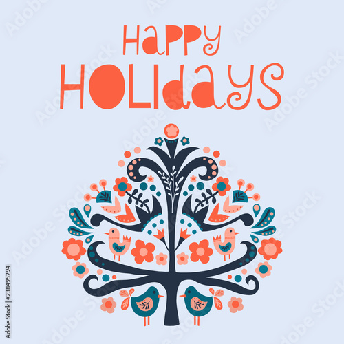 Happy Holidays Scandinavian folk art vector illustration. Flat style isolated lettering. Papercut collage tree with flowers and birds red coral blue. Greeting card, web banner, instagram post, kids.