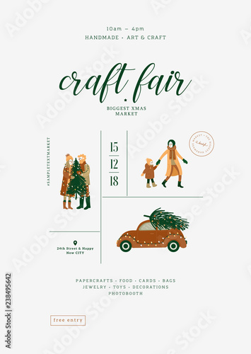 Christmas fair poster. Minimalist design template. Art and craft market. Vector illustration