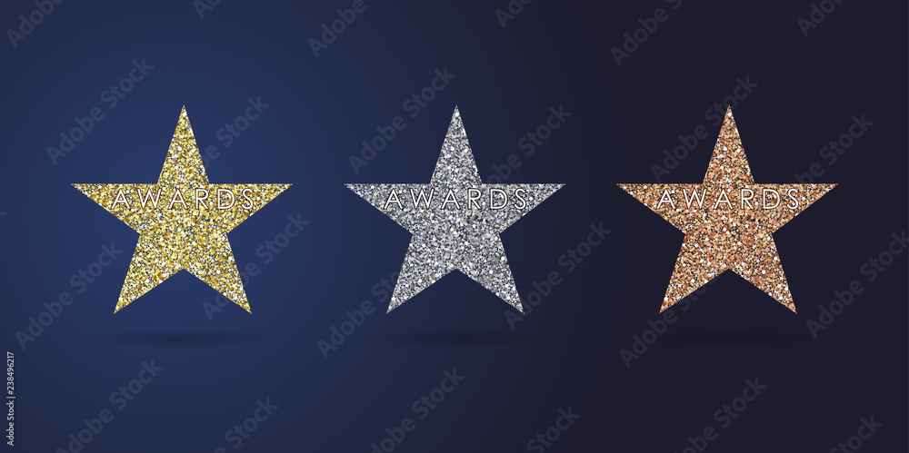 Obraz premium Stars shape logotype set. Isolated business abstract nominee emblem #1 #2 #3 place symbols. Golden dust congratulating graphic template Celebrating decorative ceremony greetings, metallic label design
