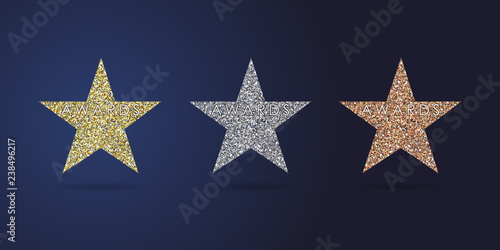 Stars shape logotype set. Isolated business abstract nominee emblem #1 #2 #3 place symbols. Golden dust congratulating graphic template Celebrating decorative ceremony greetings, metallic label design