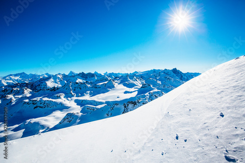 Winter panorama landscape from Mont Fort and famous Matterhorn, Dent d'Herens, Dents de Bouquetins, Weisshorn; Tete Blanche in the background, Verbier, 4 Valleys, photo