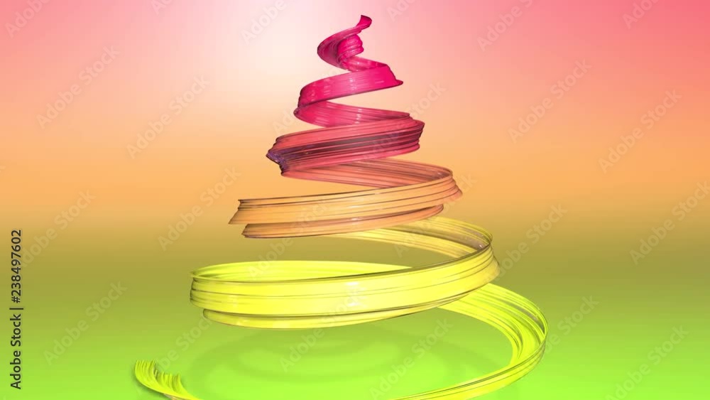 A shiny festive ribbon forms a Christmas tree symbol that rotates. 3d render of Christmas bright composition. Seamless looped animation. green yellow red gradient ribbon and gradient background. 12