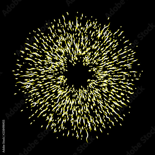 Gold halo angel ring in shape of fire circle made of flakes. Isolated on black background. Holy golden nimbus circle aureole, saint symbol. Tattoo reference. Vector.