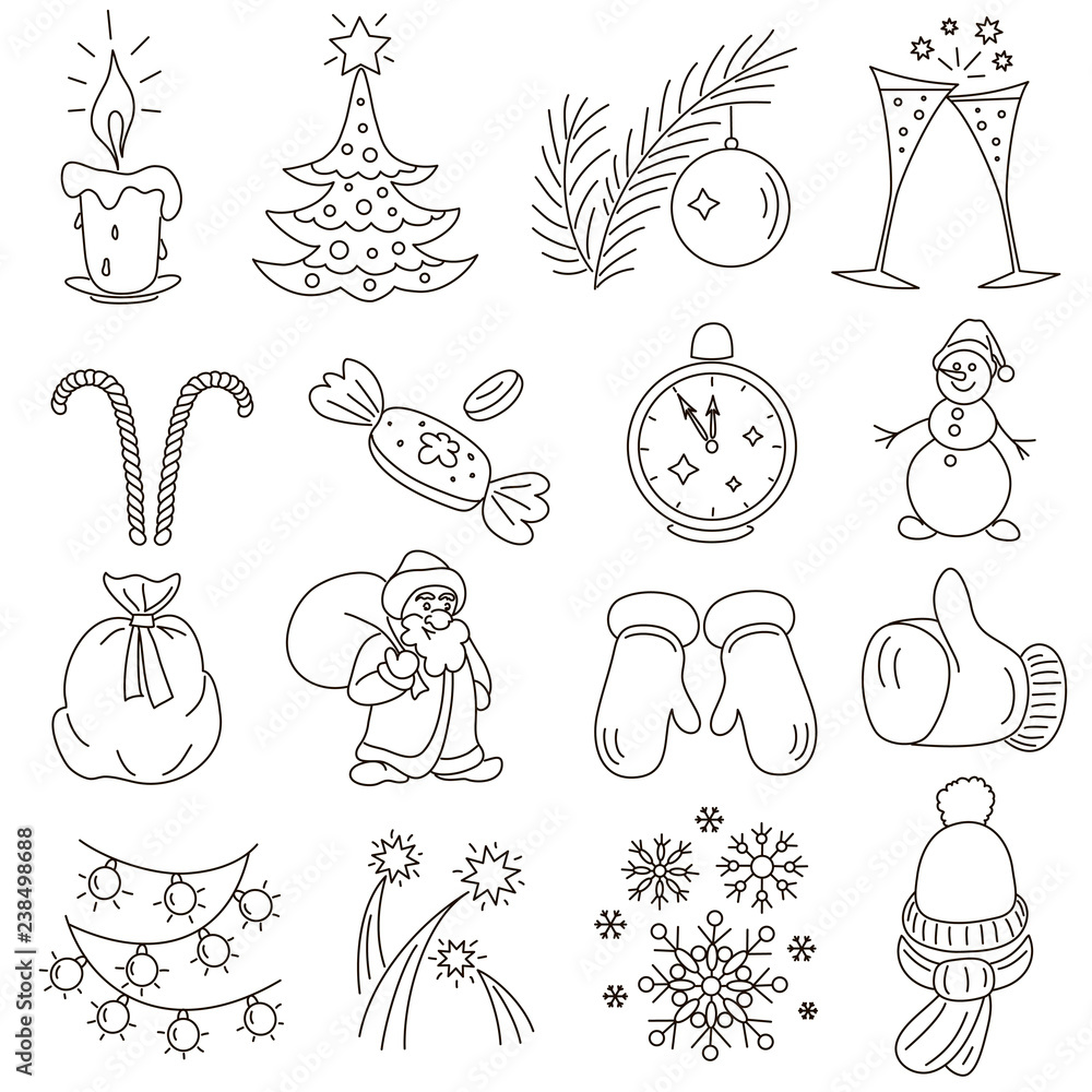 Fototapeta Christmas or New Year line style set. Monochrome hand drawn vector symbols. Doodle.