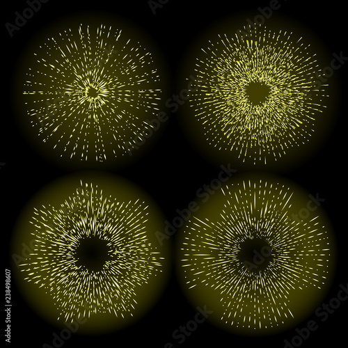 Gold halo angel ring set in shape of fire circle made of flakes. Isolated on black background. Holy golden nimbus circle aureole, saint symbol. Tattoo reference. Vector.