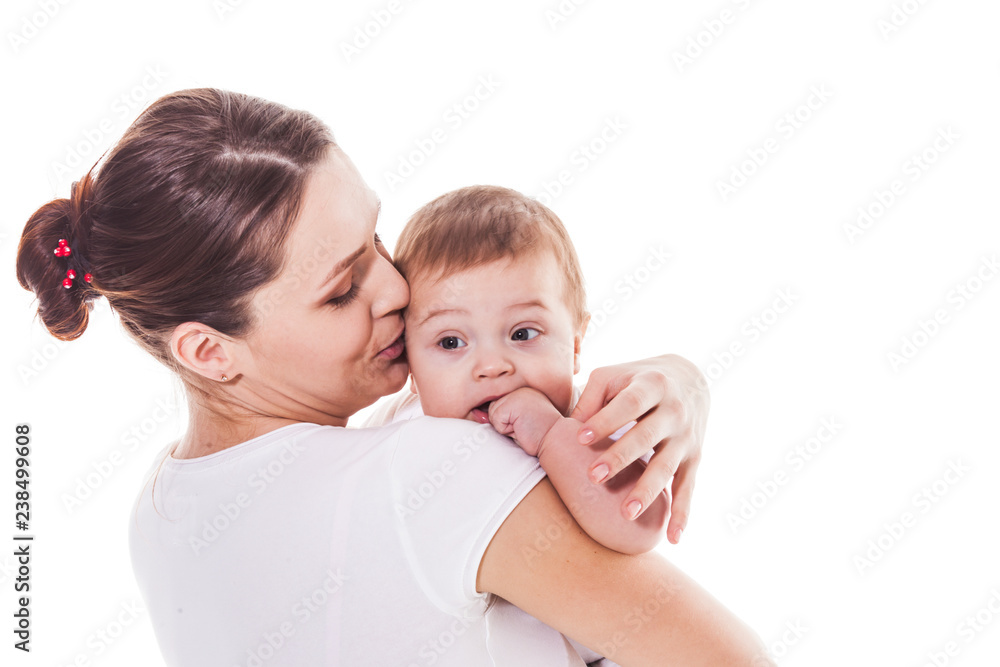 Mother holding her child on a white background Mother holding her child on a white background
