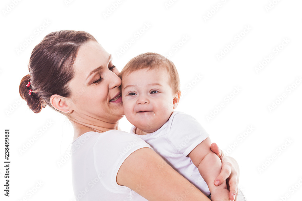 Adorable mother and baby on a white background Adorable mother and baby on a white background