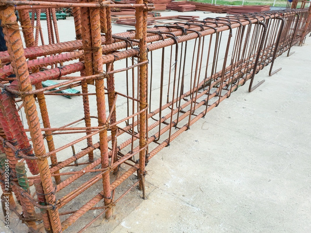 Using steel wire for securing steel bars with wire rod for reinforcement, Steel reinforcement in the construction site, Space for text in template