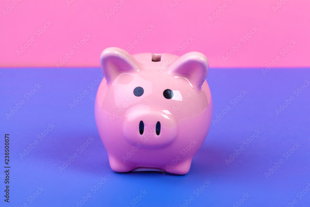 Pinik piggy bank on bright colored background