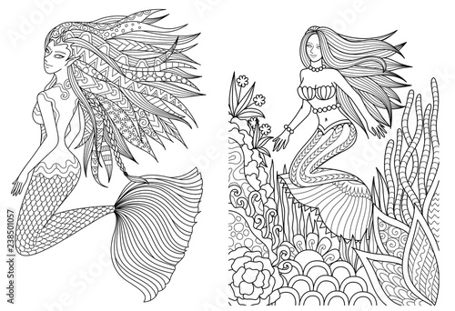 Beautiful mermaids  swimming under the sea setfor adult coloring book, coloring pages coloring pictures Vector illustration
