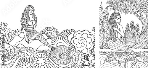 Pretty mermaid sitting on stone and beautiful ocean wave for adult coloring book,coloring pages,colouring pictures. Vector illustration photo