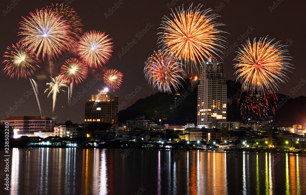 Fototapeta premium Colorful of fireworks in Happy New Year 2019 holiday festival