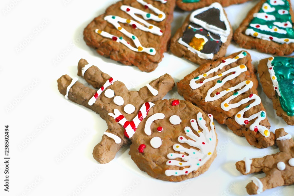 Christmas homemade gingerbread cookies on white background. copy space.