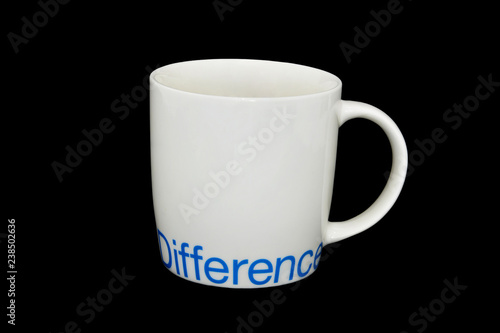 white ceramic mug silkscreen word difference, isolated on black background