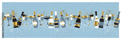 Champagne bottles and glasses color vector illustration