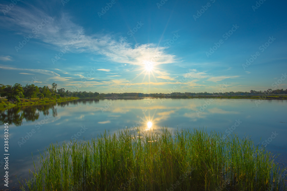 Sunset on lake in the summer , Evening sky Landscape Backgrounds