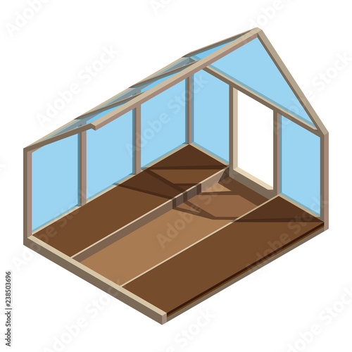 Empty greenhouse in 3D design. Hothouse inside view - vector illustration.