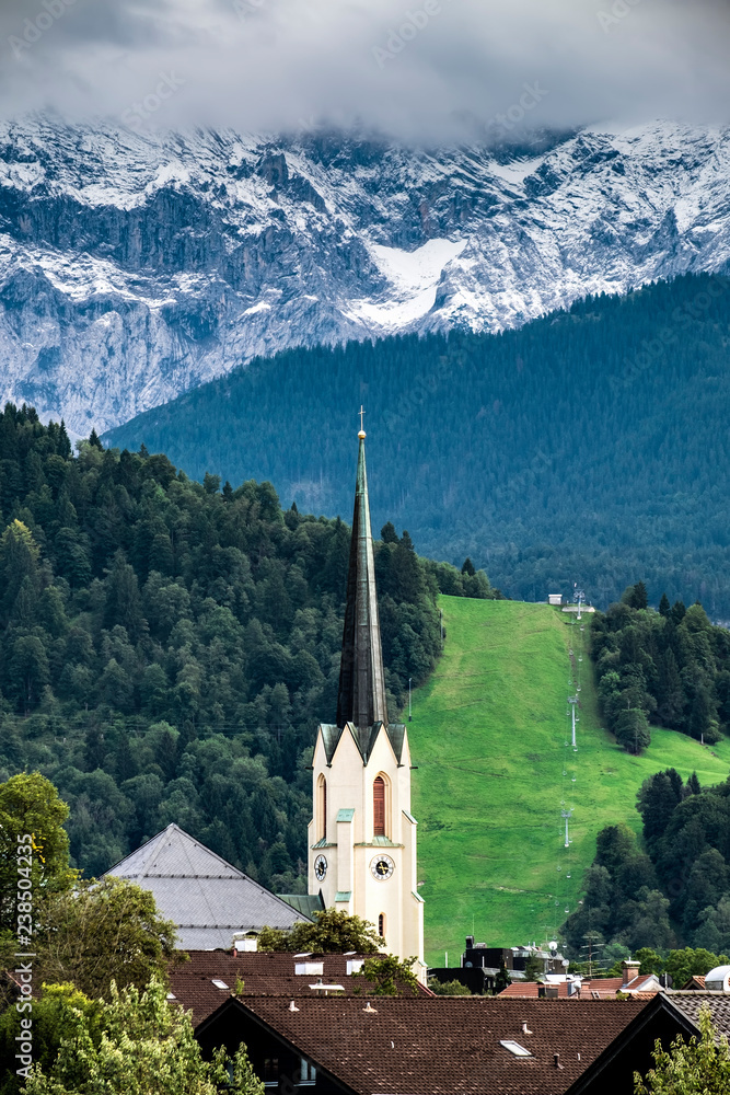 View to church of Garmisch-Partenkirchen in autumn