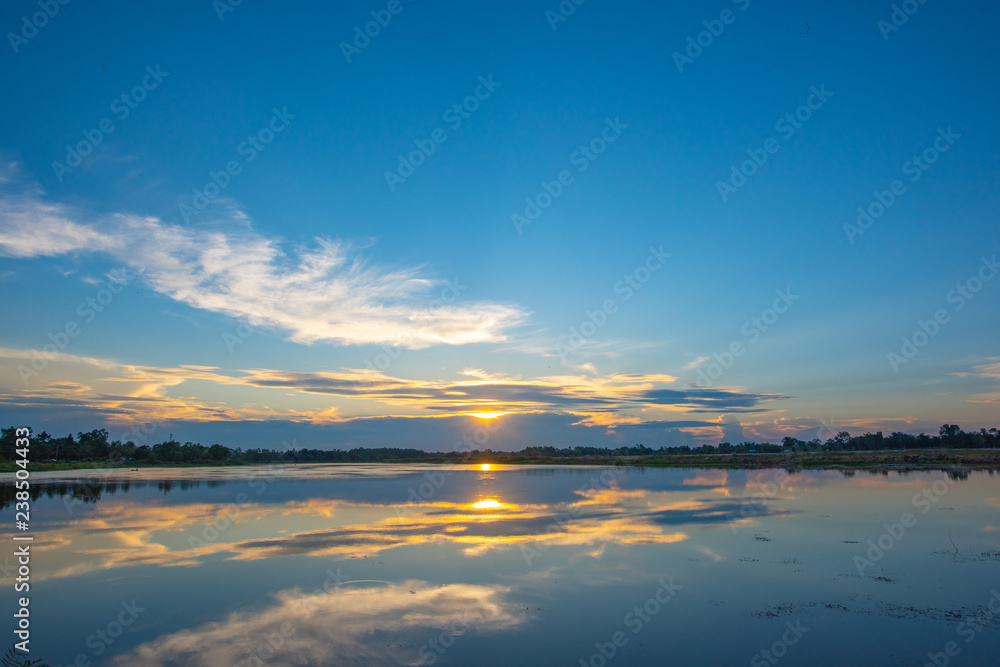 Sunset on lake in the summer , Evening sky Landscape Backgrounds