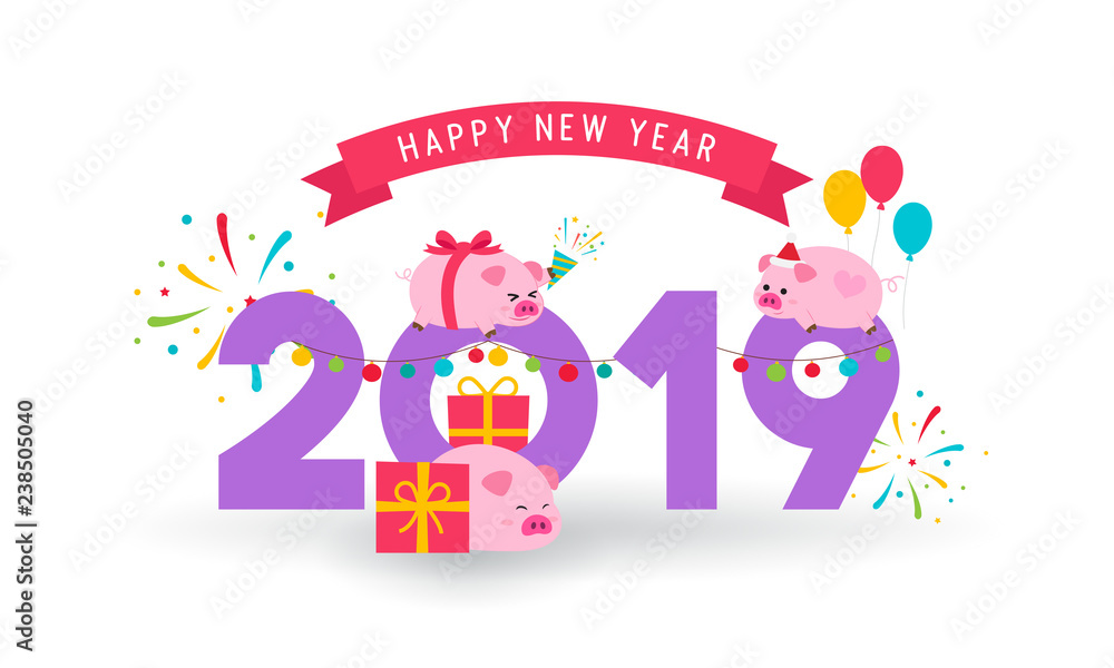 Happy New Year 2019 greeting card vector illustration. Celebration party with cute baby pig, Cartoon style. Happy New Year 2019 greeting card vector illustration. Celebration party with cute baby pig, Cartoon style.