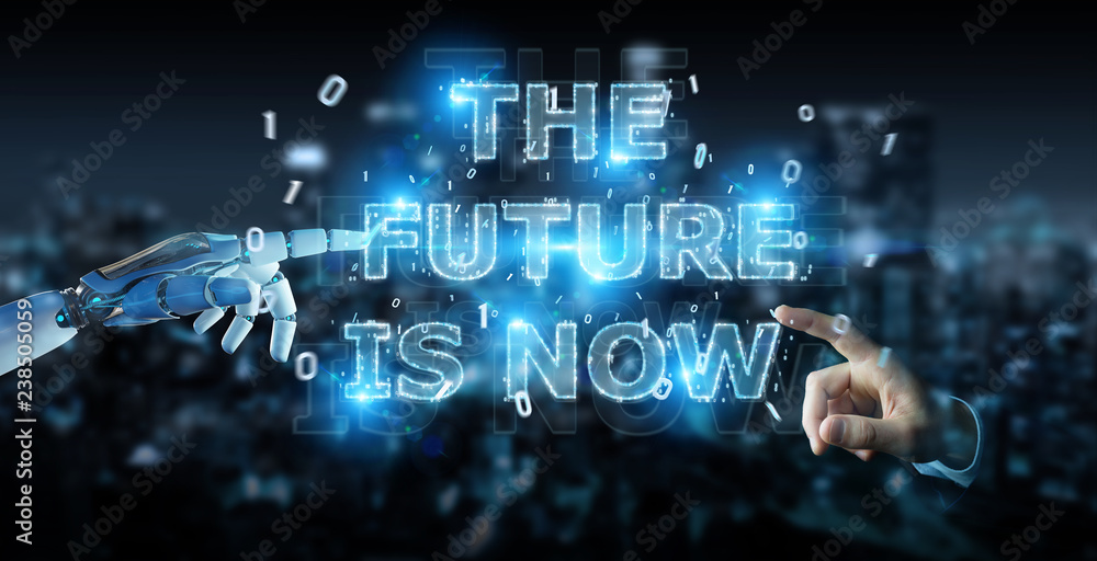 White cyborg hand using future decision text interface 3D rendering White cyborg hand using future decision text interface 3D rendering