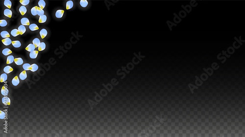 Vector Realistic Blue Petals Falling on Transparent Background.  Spring Romantic Flowers Illustration. Flying Petals. Sakura Spa Design. Blossom Confetti.