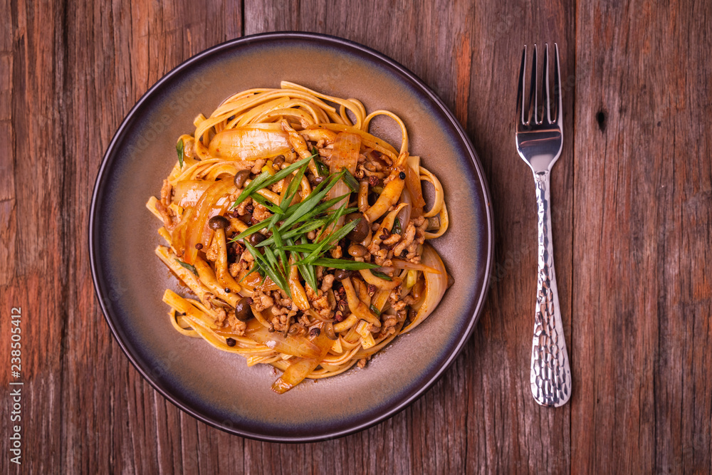 Fettuccine stir fry with Chinese sichuan pepper sauce with mince pork, mushroom and onion, Classic Chinese Italian Food Fusion Dishes