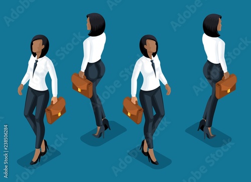 Isometry is a business woman. 3d girl of an African American office worker, in business trousers and a blouse front view and rear view in motion. Girl for vector