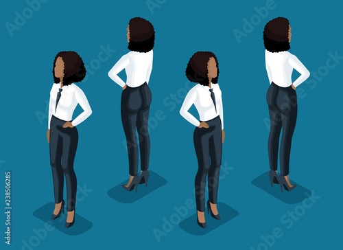 Isometry is a business woman. 3d girl of an African American office worker, in business trousers and a blouse front view and a rear view stands. Girl for vector