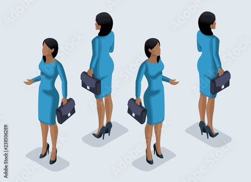 Isometry is a business woman. 3d girl of an African American office worker, in a business dress front view and rear view. Human icon for vector illustrations