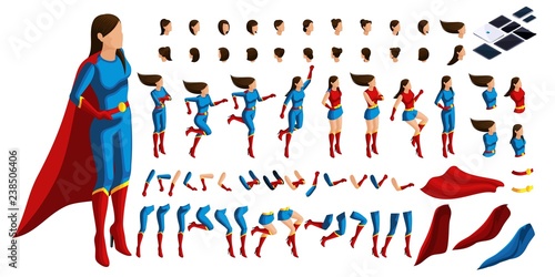 Isometric Set of gestures of hands and feet of a woman 3D superhero, girl on guard of order. Create your character for vector illustrations