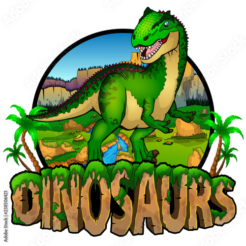 Logo  Dinosaurs World with Allosaurus. Vector illustration.