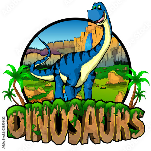 Logo  Dinosaurs World with Diplodocus. Vector illustration.