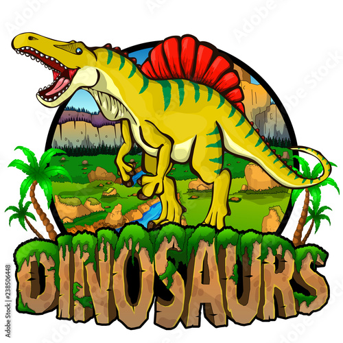 Logo  Dinosaurs World with Spinosaurus. Vector illustration.