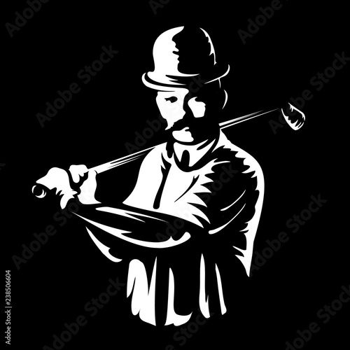 Golf player logo stamp or golfer man figure silhouette retro vintage emblem in old engraving vector art style white illustration isolated on black background Great for sport club sign or tshirt design