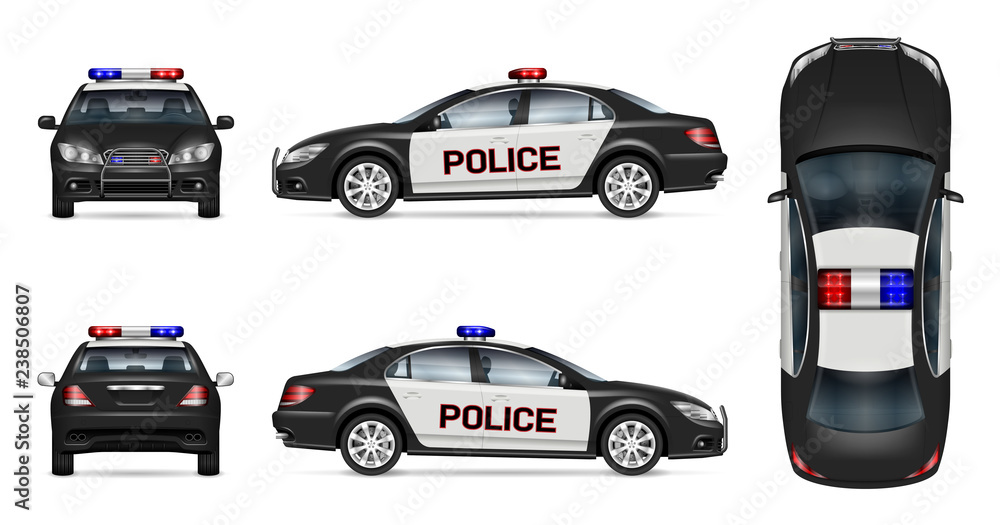 Police car vector mockup on white background, view from side, front, back  and top. All elements in the groups on separate layers for easy editing and  recolor vector de Stock | Adobe