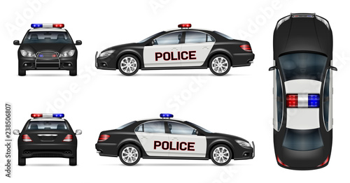 Police car vector mockup on white background, view from side, front, back and top. All elements in the groups on separate layers for easy editing and recolor