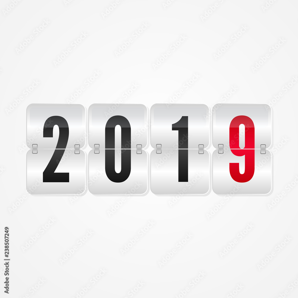 2019 Happy New Year Scoreboard isolated icon. Winter holiday decorative vector flip symbol for celebration, decoration, illustration, design. Red black and gray gradient sign 2019 Happy New Year Scoreboard isolated icon. Winter holiday decorative vector flip symbol for celebration, decoration, illustration, design. Red black and gray gradient sign