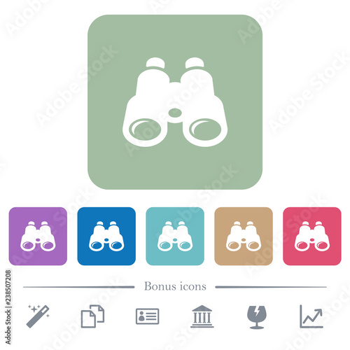 Binoculars flat icons on color rounded square backgrounds